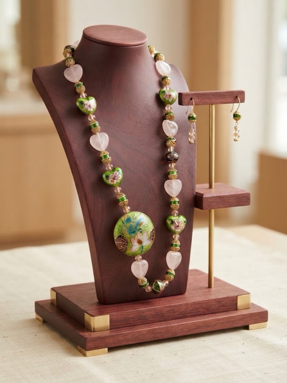 Artisan Green Cloisonné, Wedding Cake & Pink Quartz Heart Statement Set 🧁